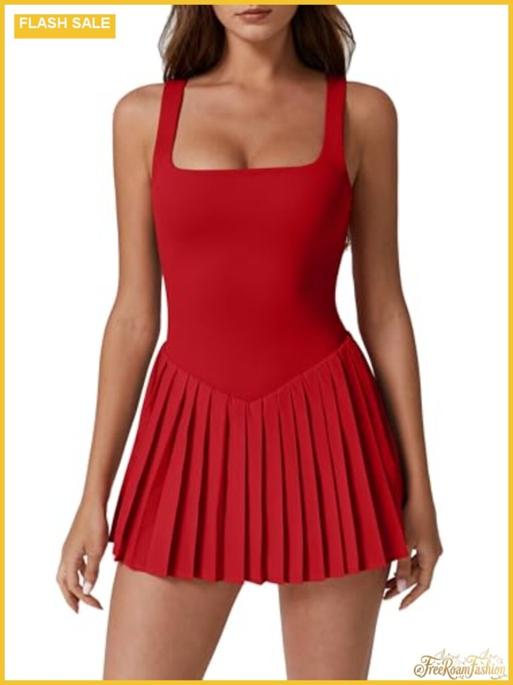 Women's Square Neck Tennis Dress Pleated Sleeveless Built-in Shorts Athletic